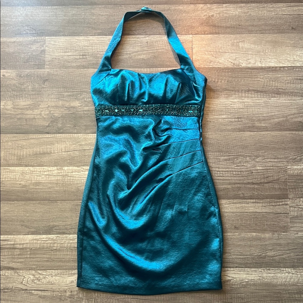 Y2K Inspired Speechless Teal Halter Mini Dress